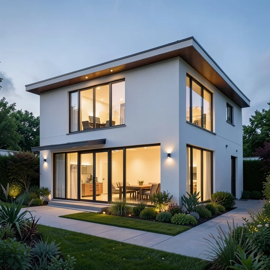 Modern home lit up at sunset